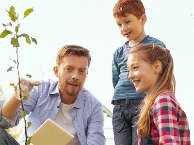 Vater mit zwei Kinder schaut Pflanze beim Wachsen zu Familie.jpg